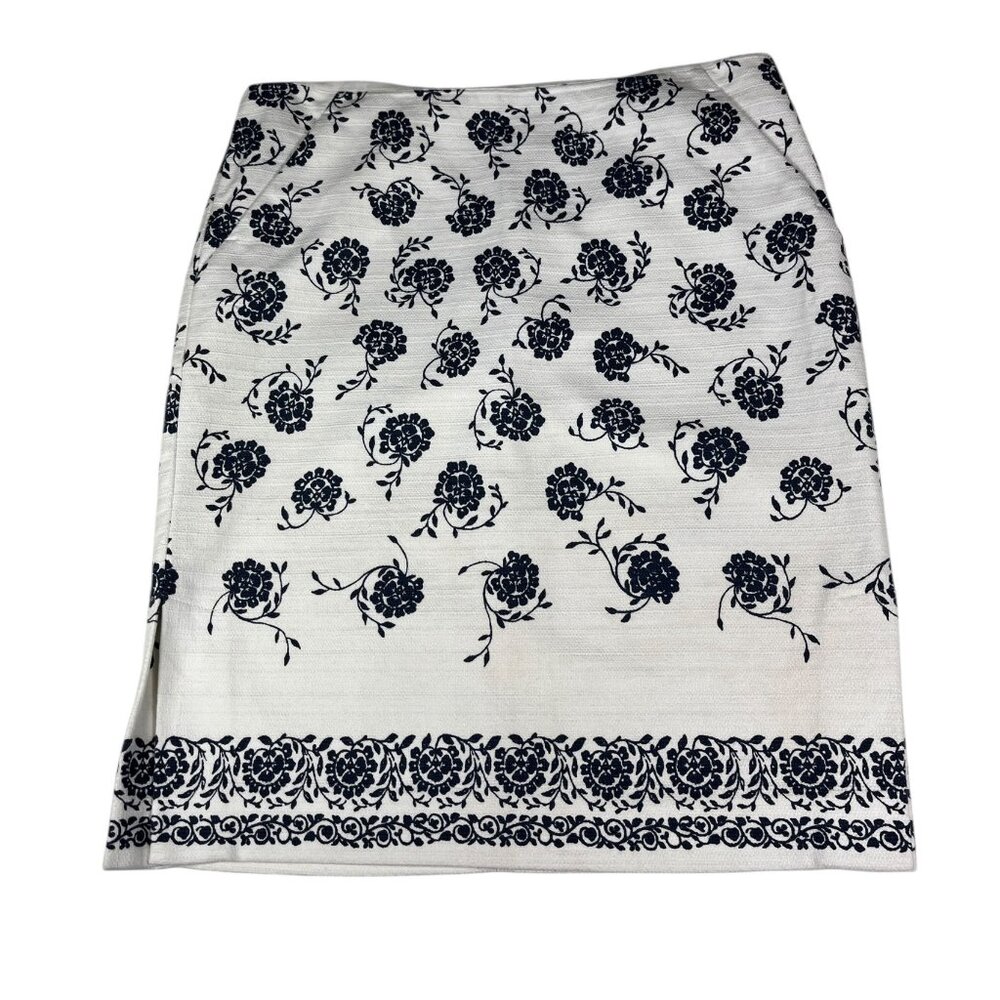 LOFT Pencil Skirt Blue & White Floral Size 14 Coastal Resort Cottagecore Work